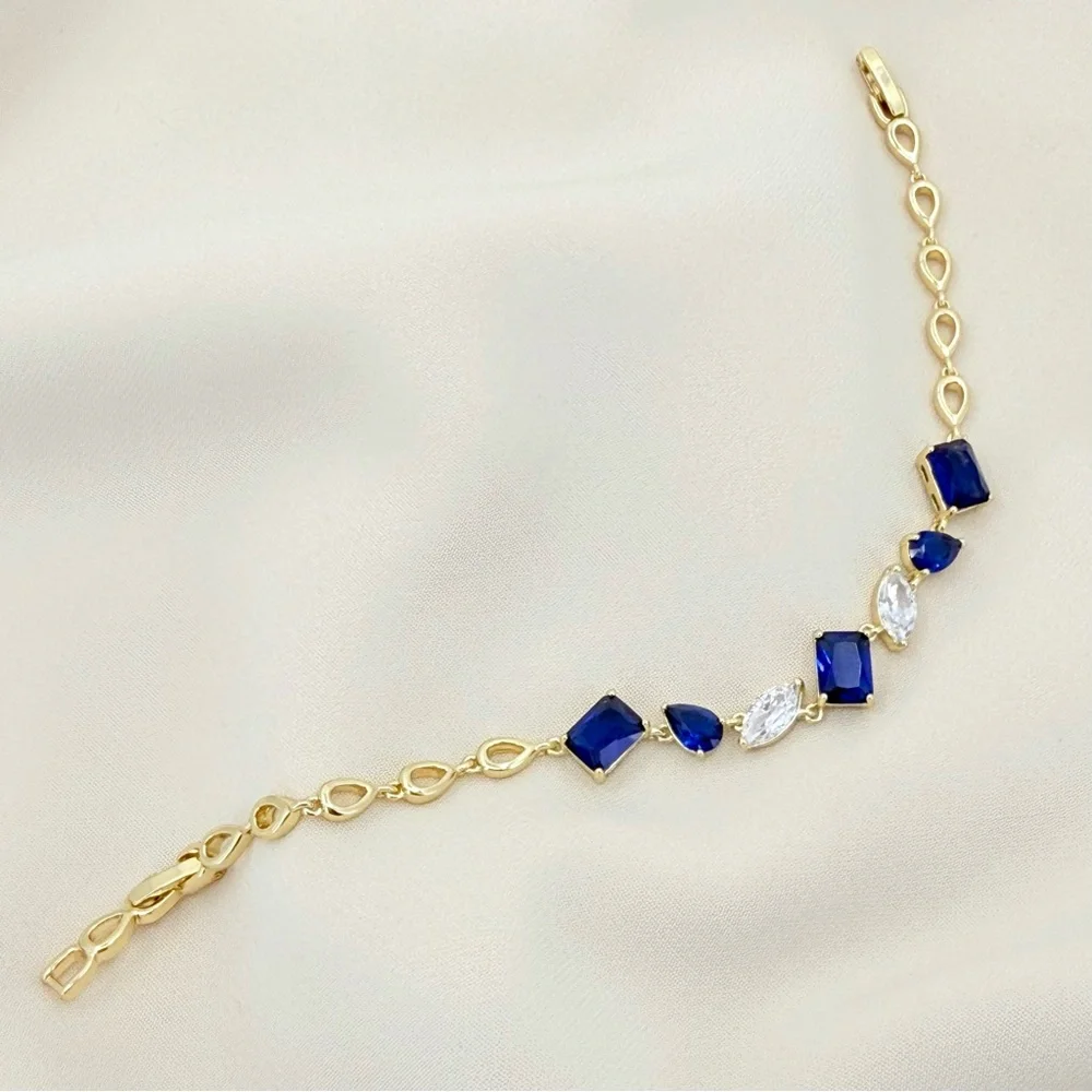14K Gold Plated Blue Sapphire & Marquise CZ Tennis Bracelet – Dainty Jewelry